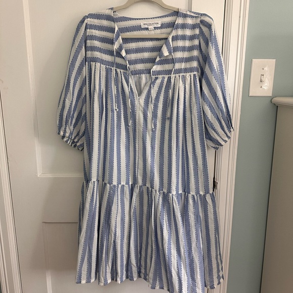 Emerson Fry Isla Dress Scallop Stripe Blue - Picture 1 of 6